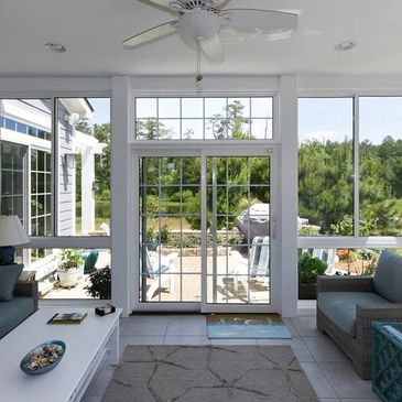 3 Season Studio Patio Sunroom with glass kneewall with  decorative grids on patio door