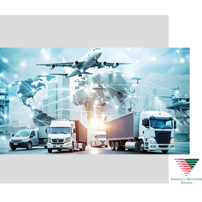 Various transportation methods including trucks, a van, and an airplane symbolizing global logistics.