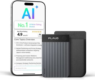 Smartphone displaying AI note-taking app alongside a compact PLAUD device.