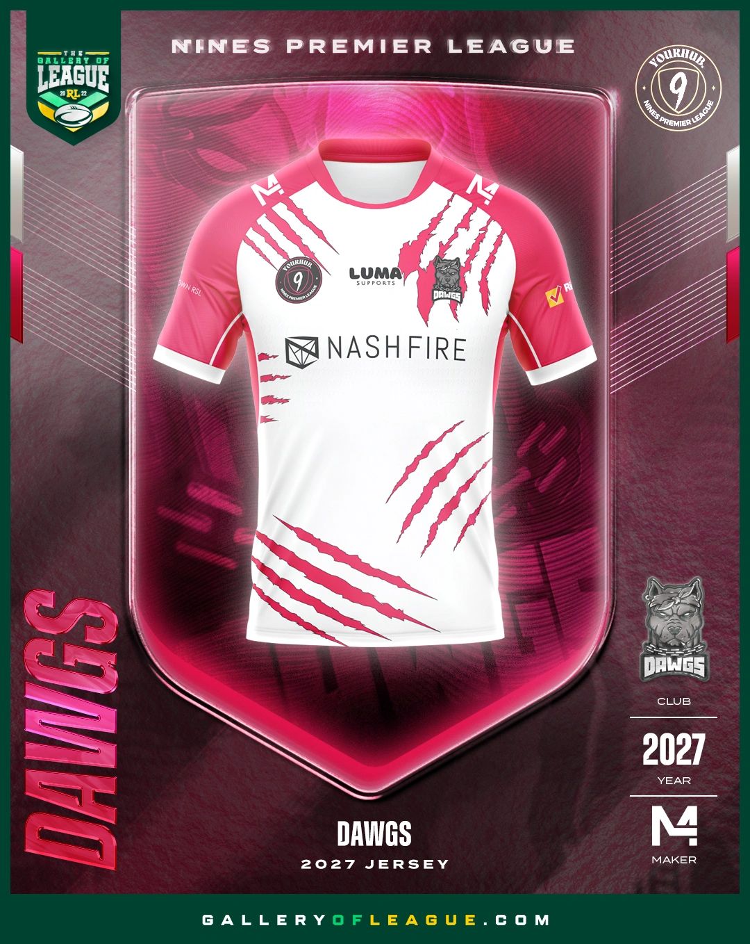 2027 Dawgs sports jersey with pink and white design and claw marks.