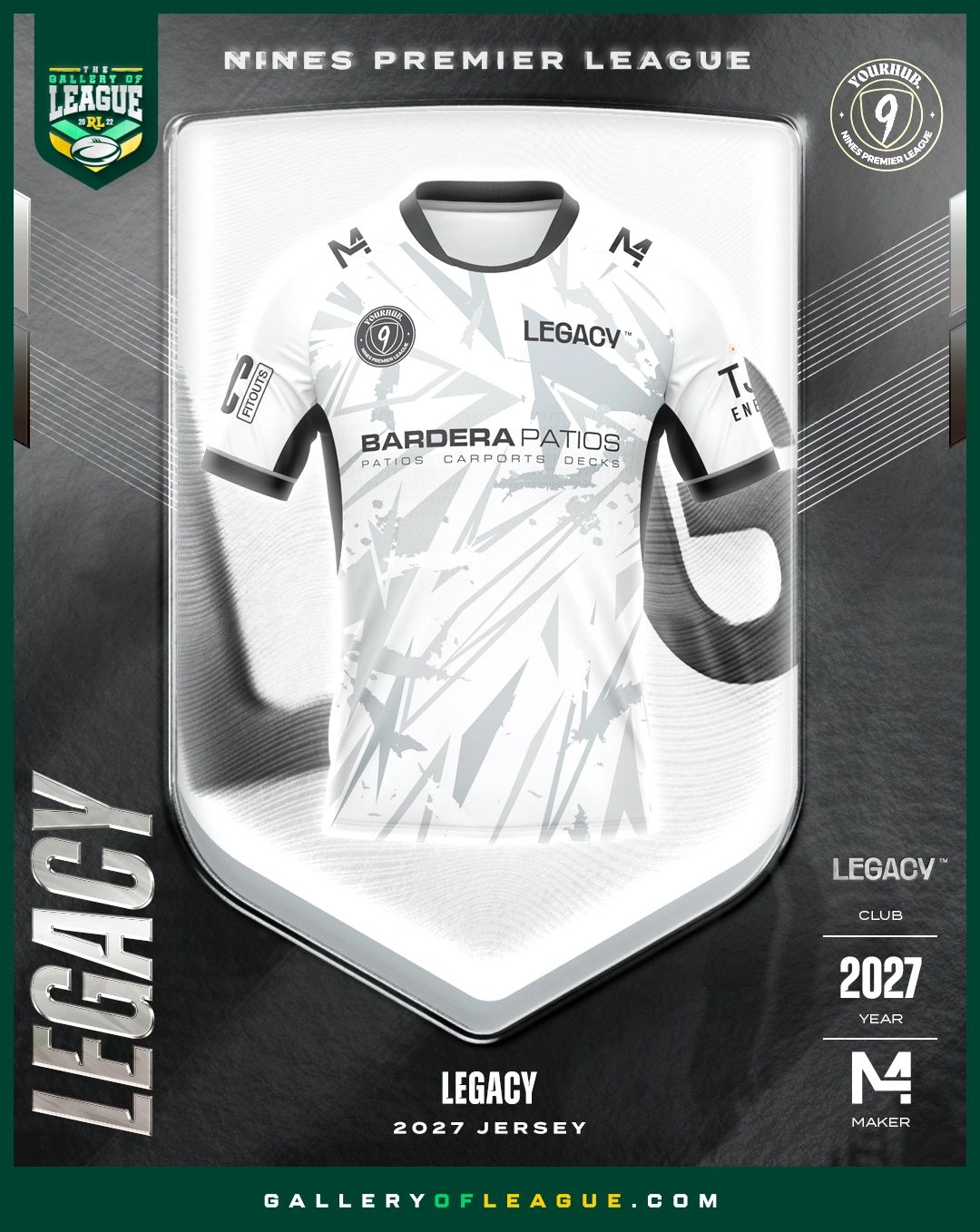 2027 Legacy Nines Premier League jersey with white and grey design.