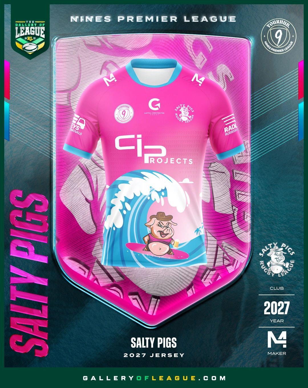Pink rugby jersey featuring a surfing pig for Salty Pigs 2027.