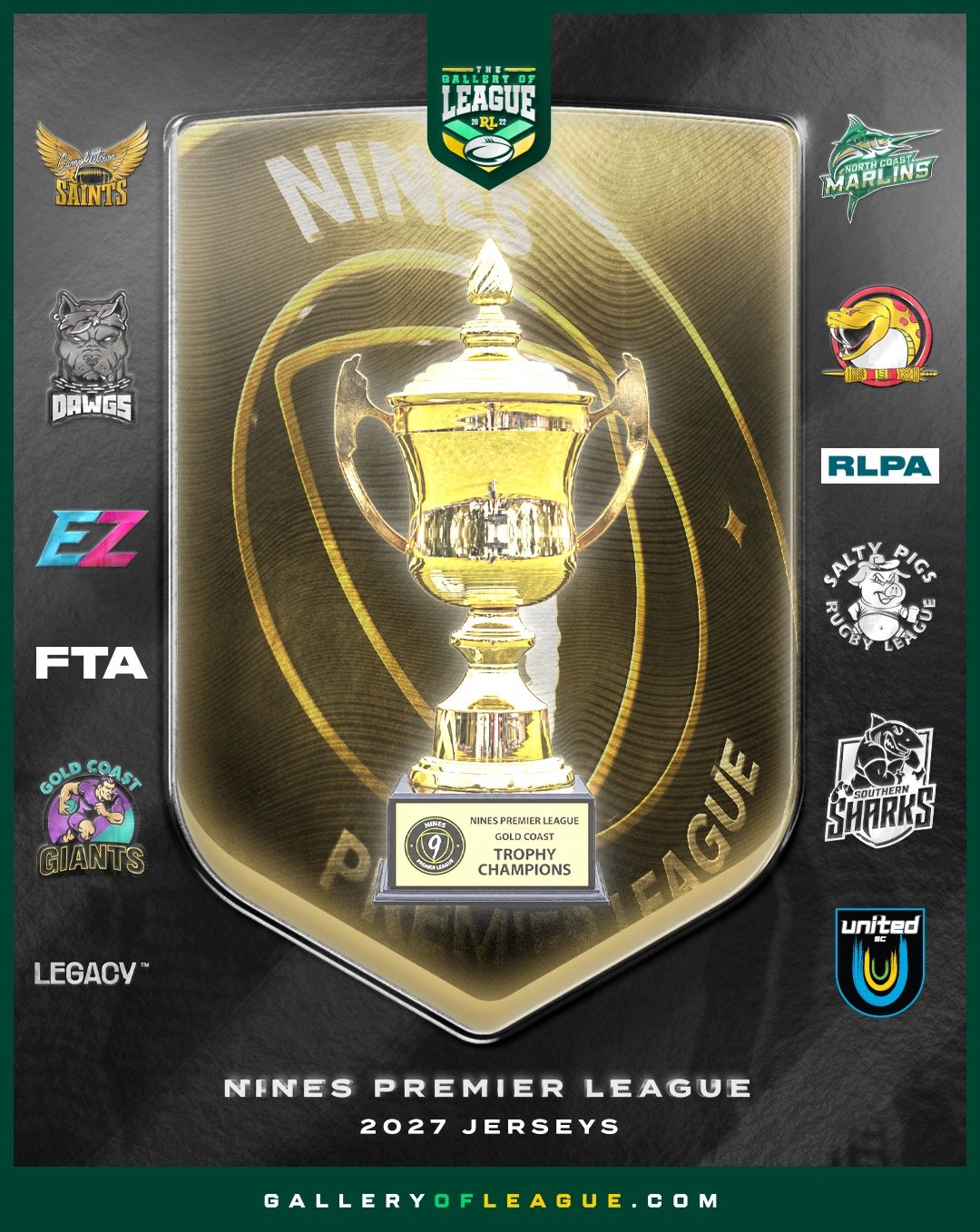 Nines Premier League 2027 jerseys announcement with team logos and trophy.