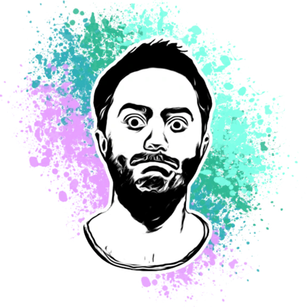 Black and white artistic portrait with colorful splash background.