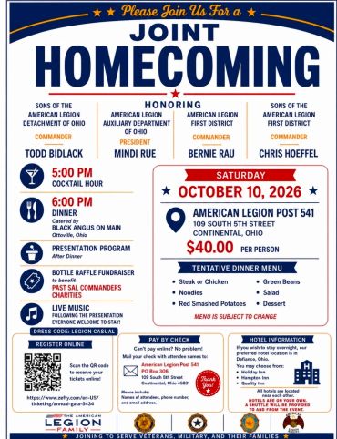 Flyer for a joint homecoming event honoring American Legion members on October 10, 2026.