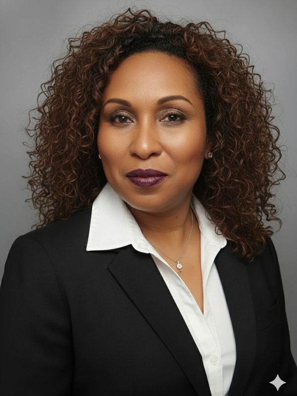 Professional woman with curly hair in a black blazer and white shirt.