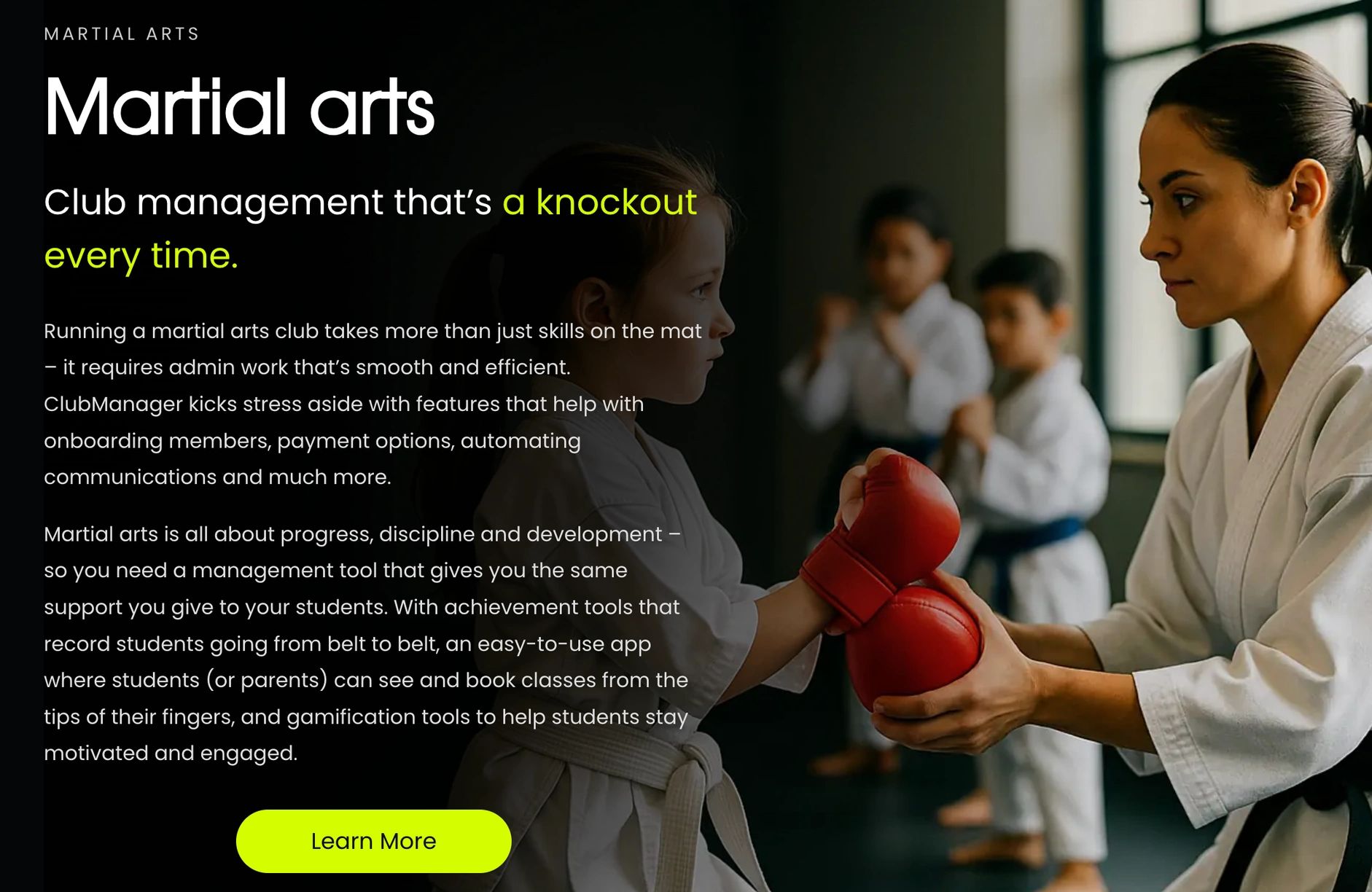 Information page that details how the software company can support clubs that provide different acti
