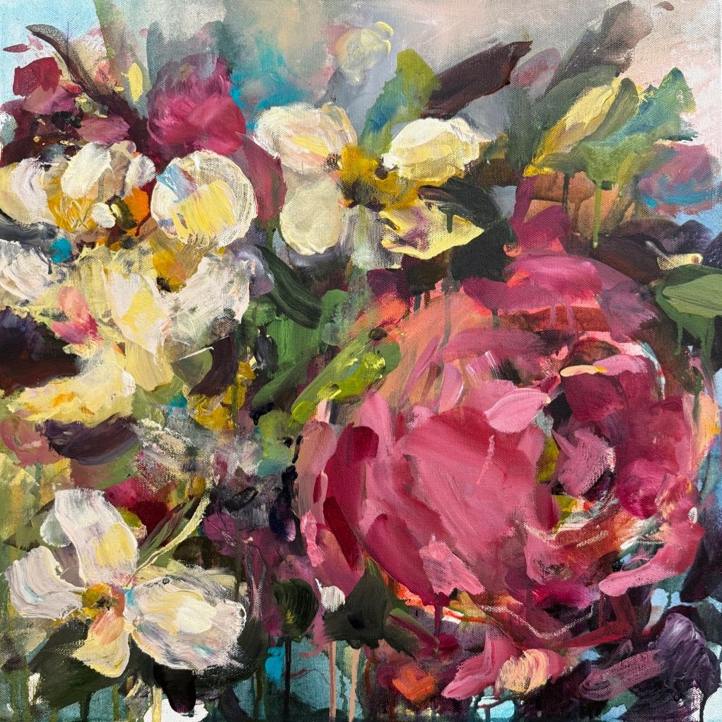 Abstract floral painting with vibrant pink, white, and green hues.