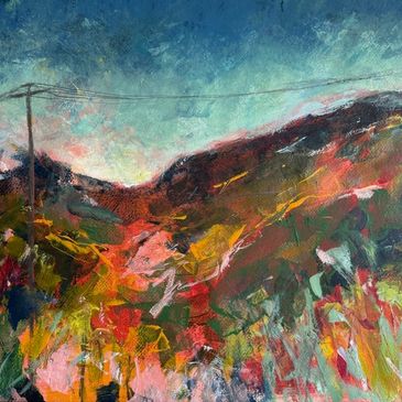 Abstract landscape painting with vibrant colors and a power line.
