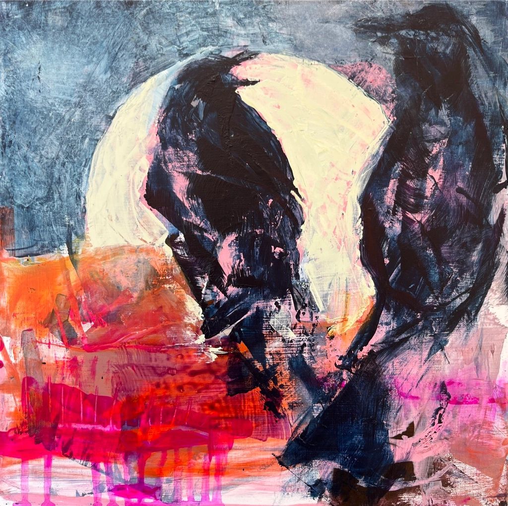 Abstract painting with dark shapes and vibrant splashes of pink and orange.