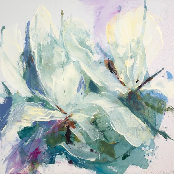 Abstract painting of white flowers with blue and green hues.