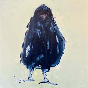 Abstract painting of a dark blue bird on a light background.