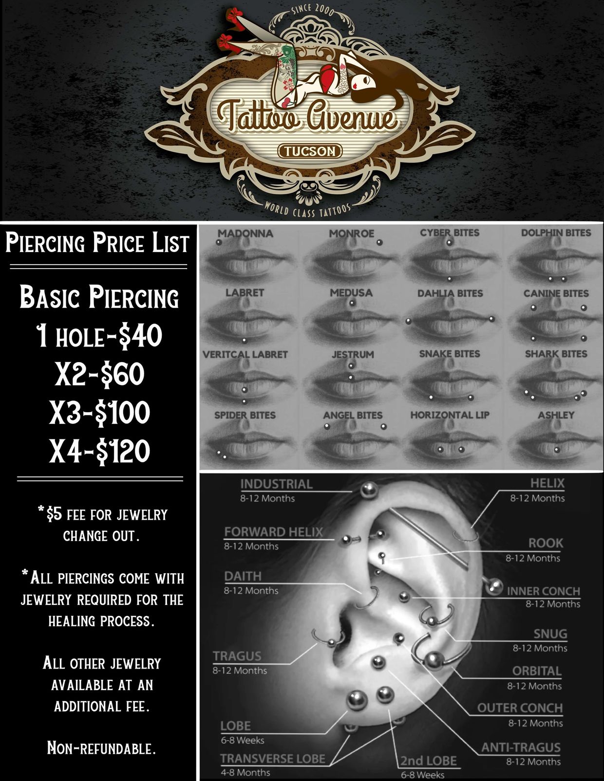 Tattoo avenue Tucson tattoo piercing shop studio price list 