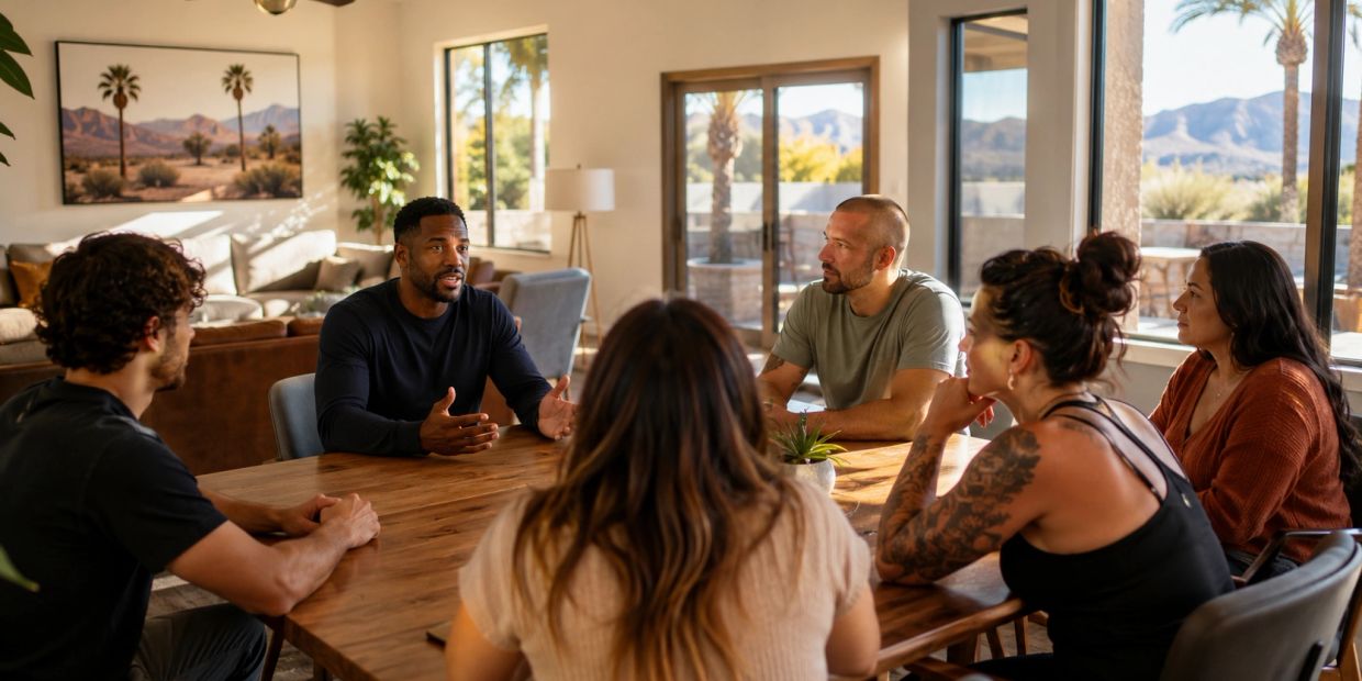Group having a serious discussion around a table in a bright room.