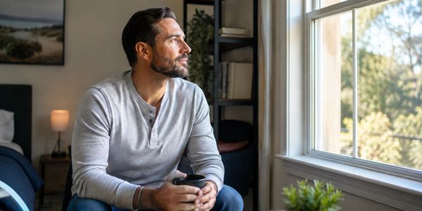 Man looking thoughtfully out the window.