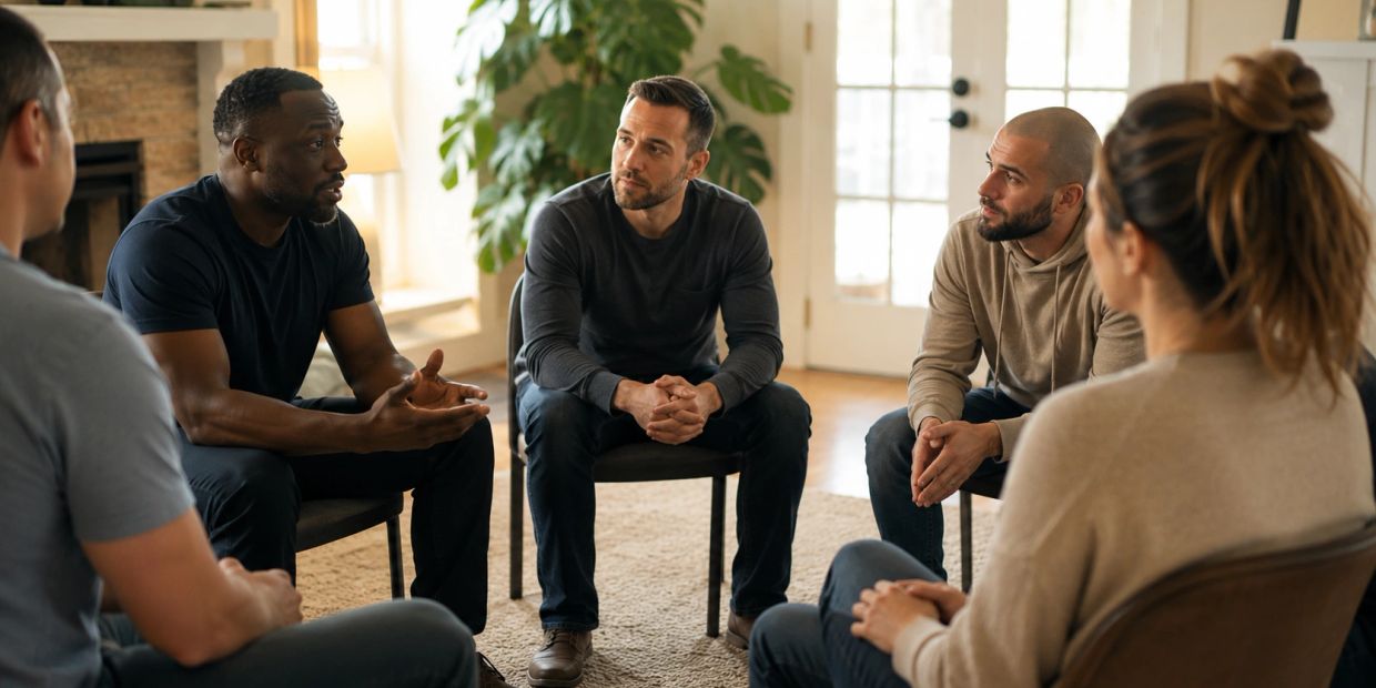 Group therapy session with attentive participants.