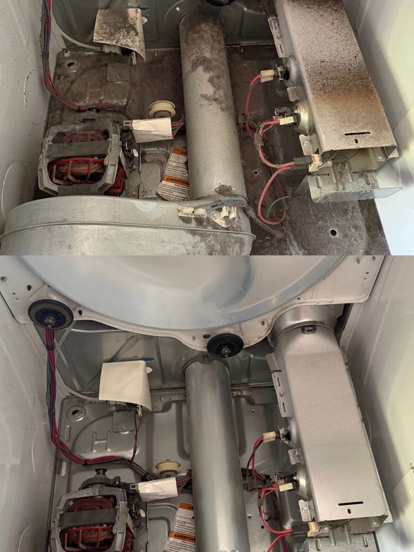 Dirty and cleaned components inside an appliance.