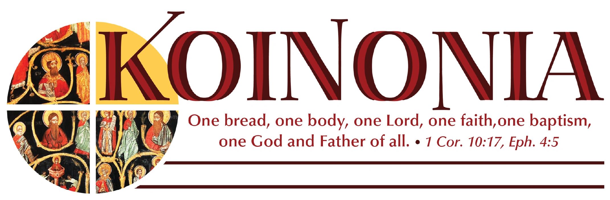 Logo with religious icons and the word KOINONIA.