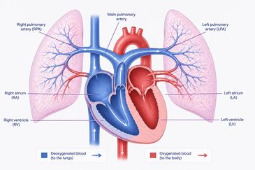 Diagram of the heart showing blood flow and lungs.