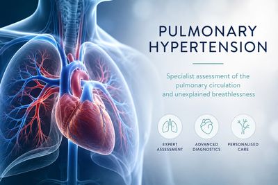 Illustration of heart and lungs with pulmonary hypertension information.
