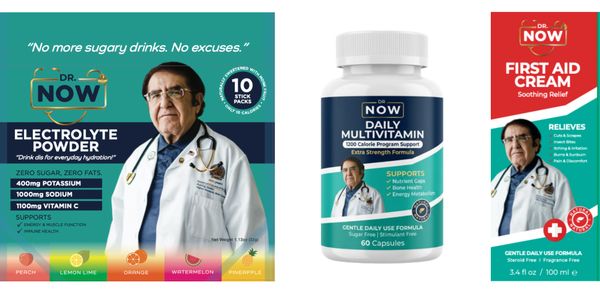 Dr. NOW electrolyte powder, multivitamin, and first aid cream for health support.