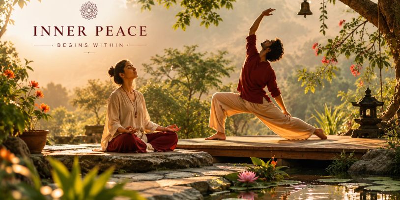 Two people practicing yoga and meditation outdoors at sunrise for inner peace.