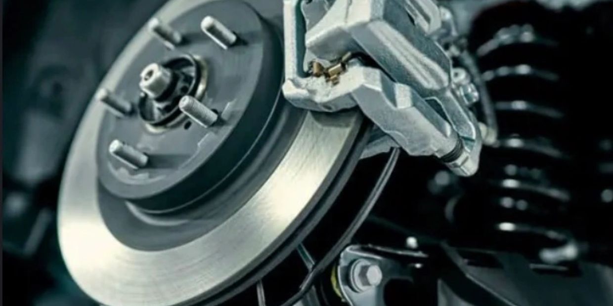 Close-up of a car's disc brake system.
