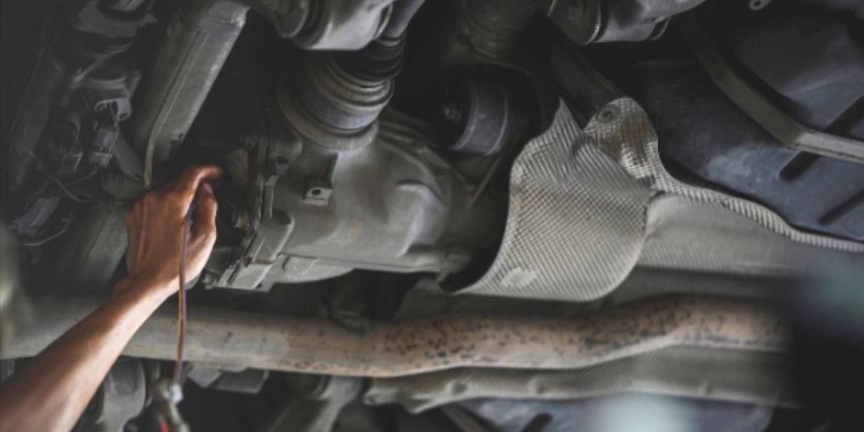 A hand working on the underside of a vehicle's engine or transmission.