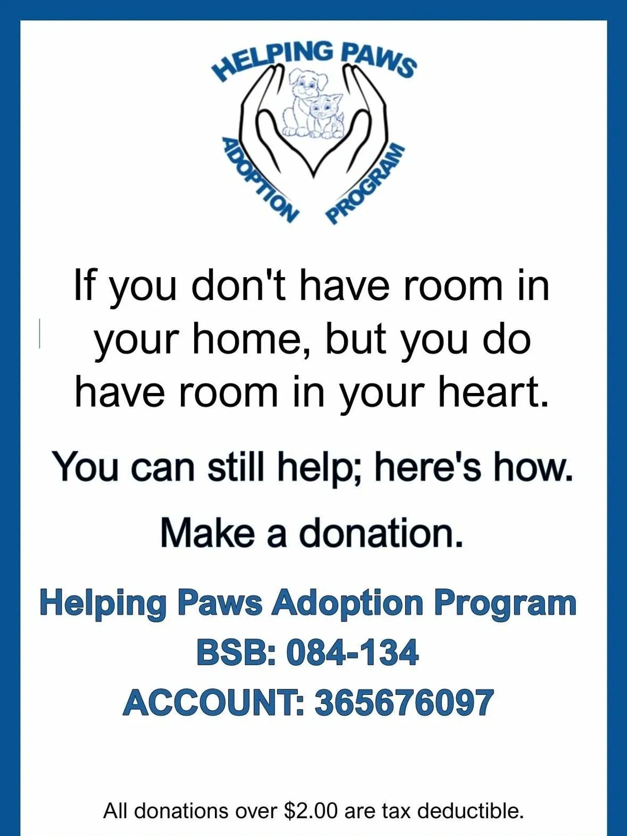 Image of logo for Helping Paws Adoption Program and bank details for donation