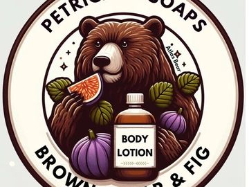 An image of a bear smelling an orange surrounded by figs and a jar of body lotion.