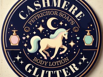 An image of a unicorn surrounded by bottles of body lotion and the stars and moon.