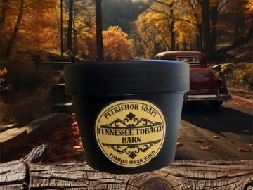 An image of a black jar sitting among the fall leaves.