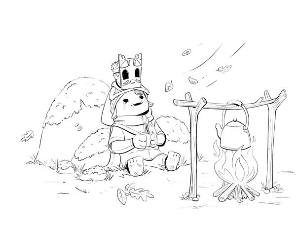 Colouring sheet of Odee and Boogieman sitting against a rock near a fire.