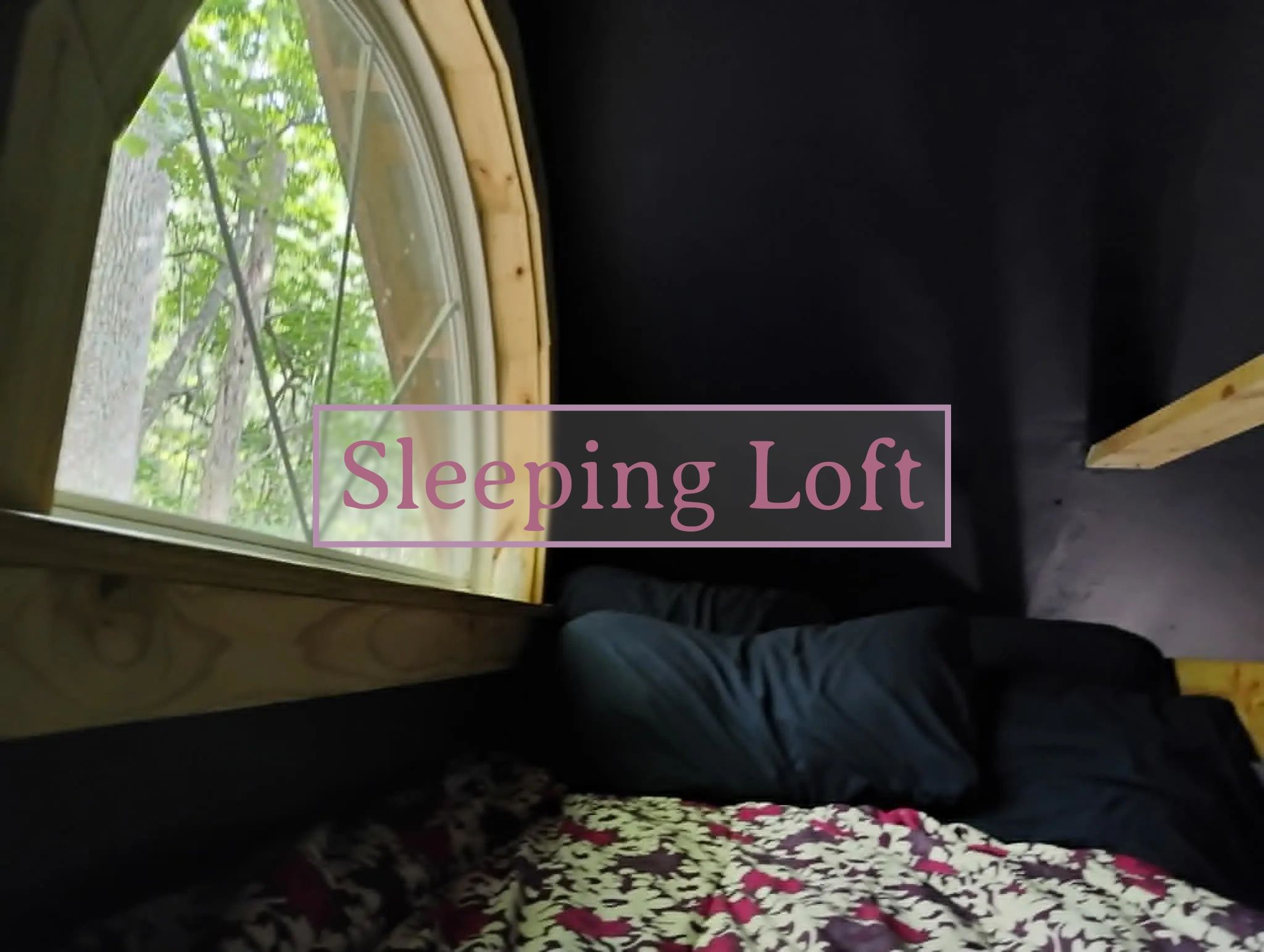 Cozy sleeping loft with a window showing green trees outside.