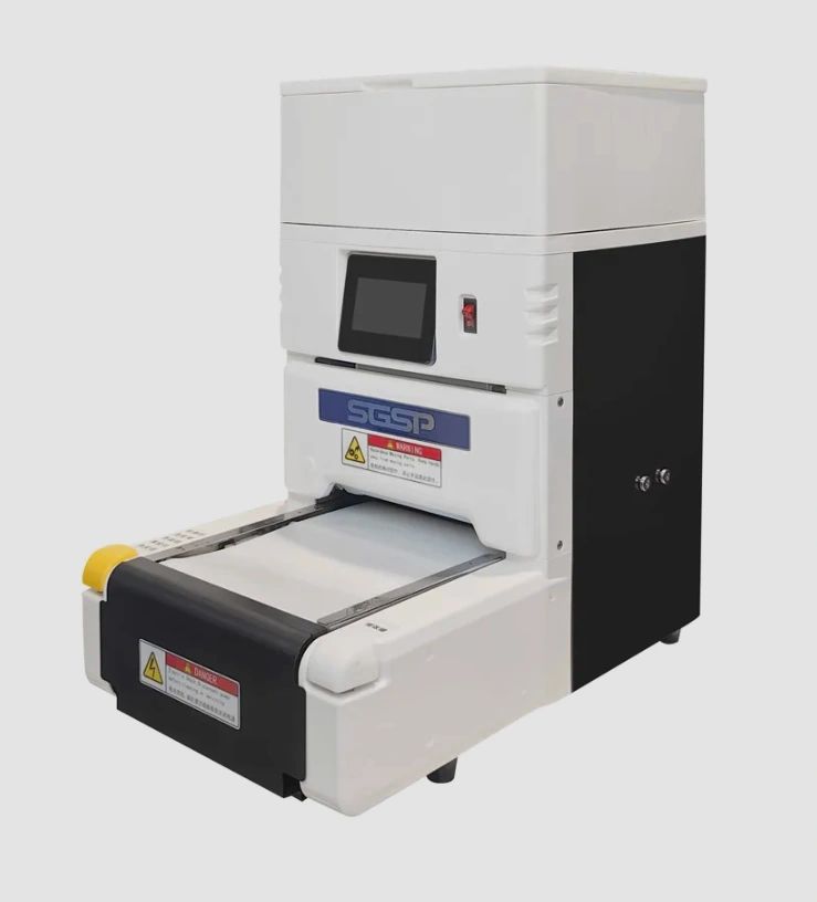 Compact SGSP industrial machine with touchscreen and safety warnings.