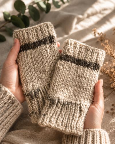 Handmade knit fingerless gloves in natural tones.