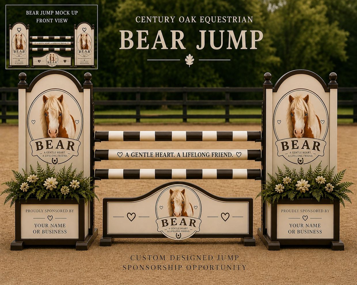 Elegant equestrian bear jump with custom sponsorship panels and floral accents.