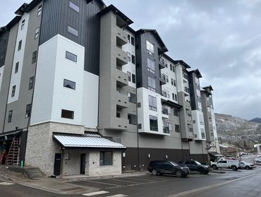 Timberridge Project 2027. Vail, Colorado. Stucco, stone siding, metal siding.