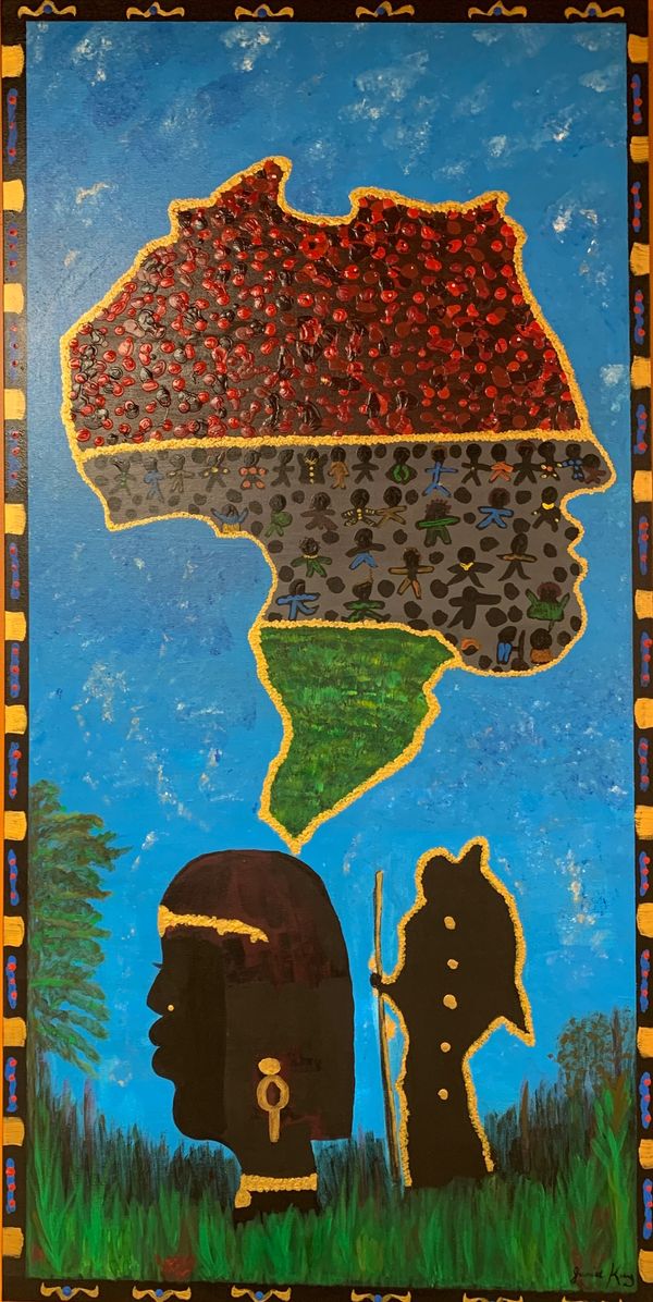 Original painting “The Motherland” by Janice King, featuring the continent of Africa in red, black a