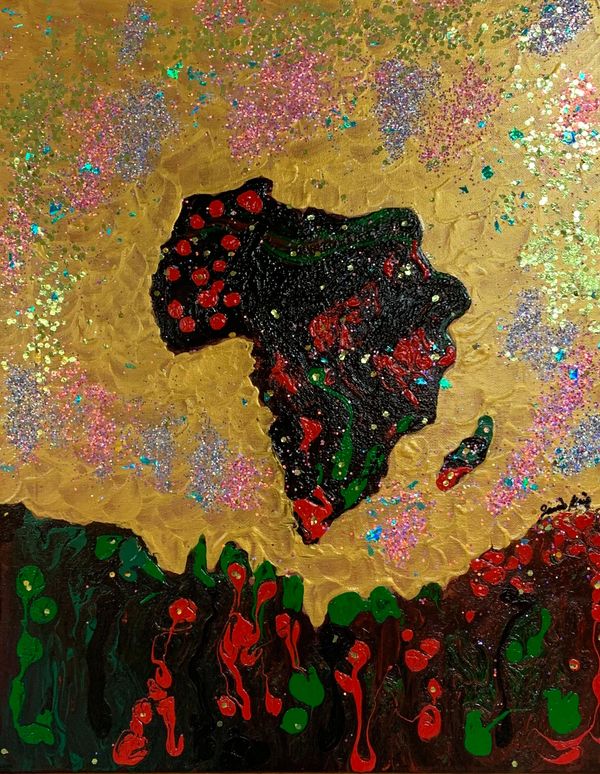 Original painting “Tribal Richness” by Janice King, featuring the continent of Africa surrounded by 