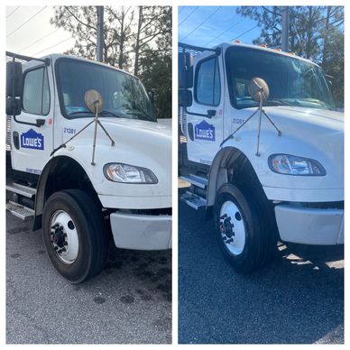 Two images of a Lowe's truck showing before and after cleaning.