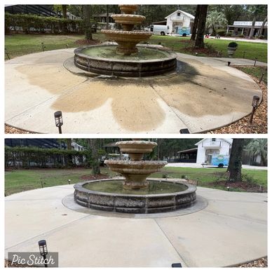 Before and after cleaning a large outdoor fountain.
