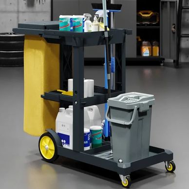 Cleaning cart with supplies and tools.