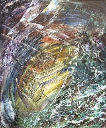 flying dutchman, ship, storm, watercolor, Theodor Levitin