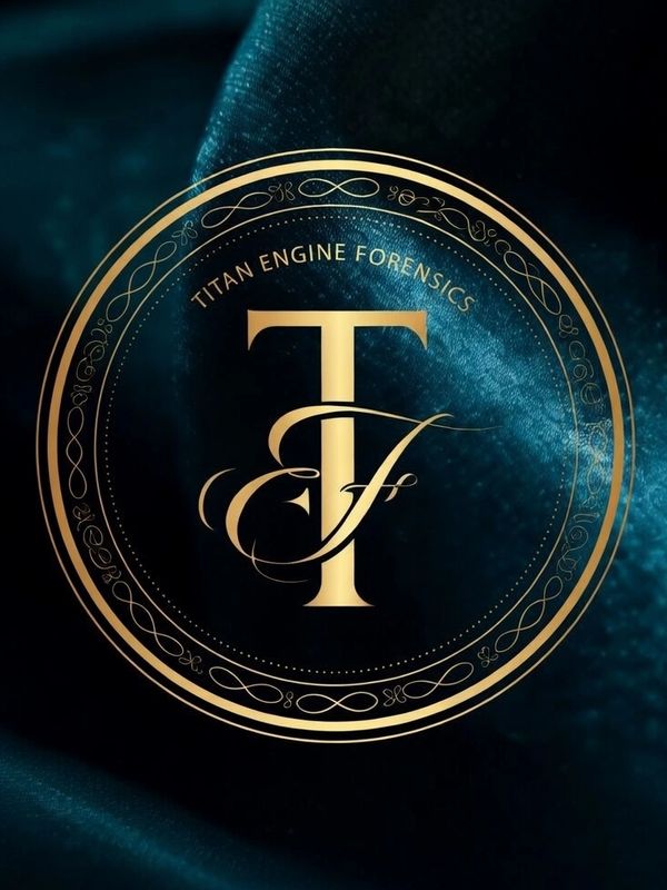 Elegant gold emblem of Titan Engine Forensics on dark silk background.