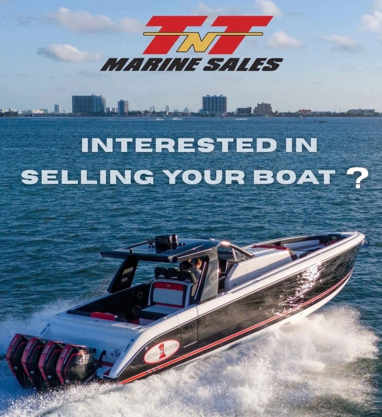 TNT Marine Sales promotes boat selling with a sleek speedboat on water.
