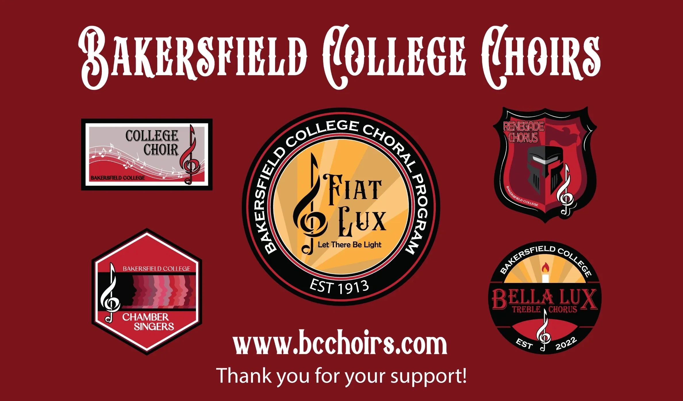 Bakersfield College Choirs logos and website on maroon background.