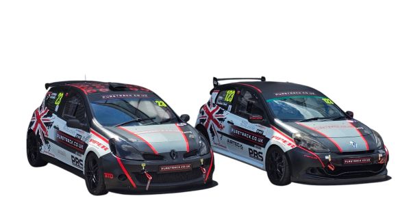 Two black and white race cars with red accents and Union Jack designs.