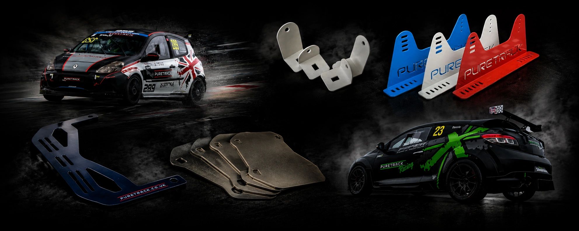 Racing cars and Puretrack automotive parts on a smoky background.