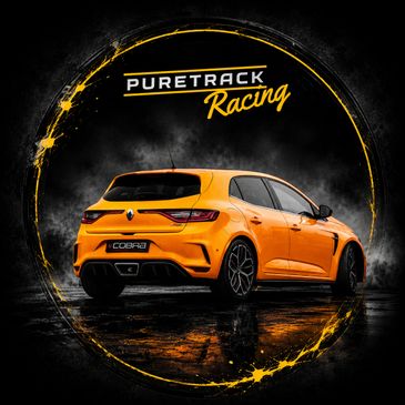 Bright orange sports hatchback with PureTrack Racing logo on dark background.
